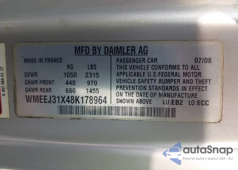 2008 Smart Fortwo Passion/Pure from USA, damaged, VIN WMEEJ31X48K178964